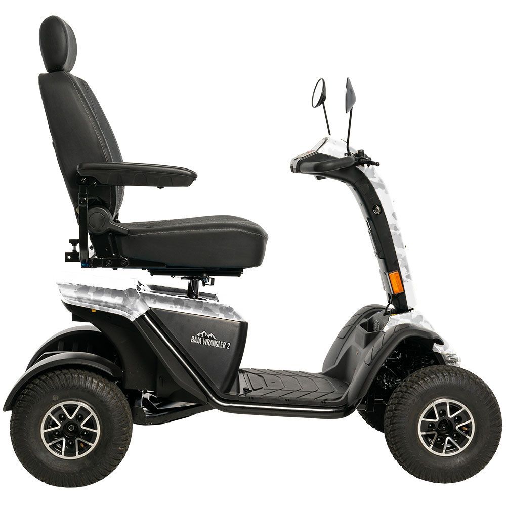 A black and white camouflage mobility scooter with a black leather seat and rugged tires, labeled 