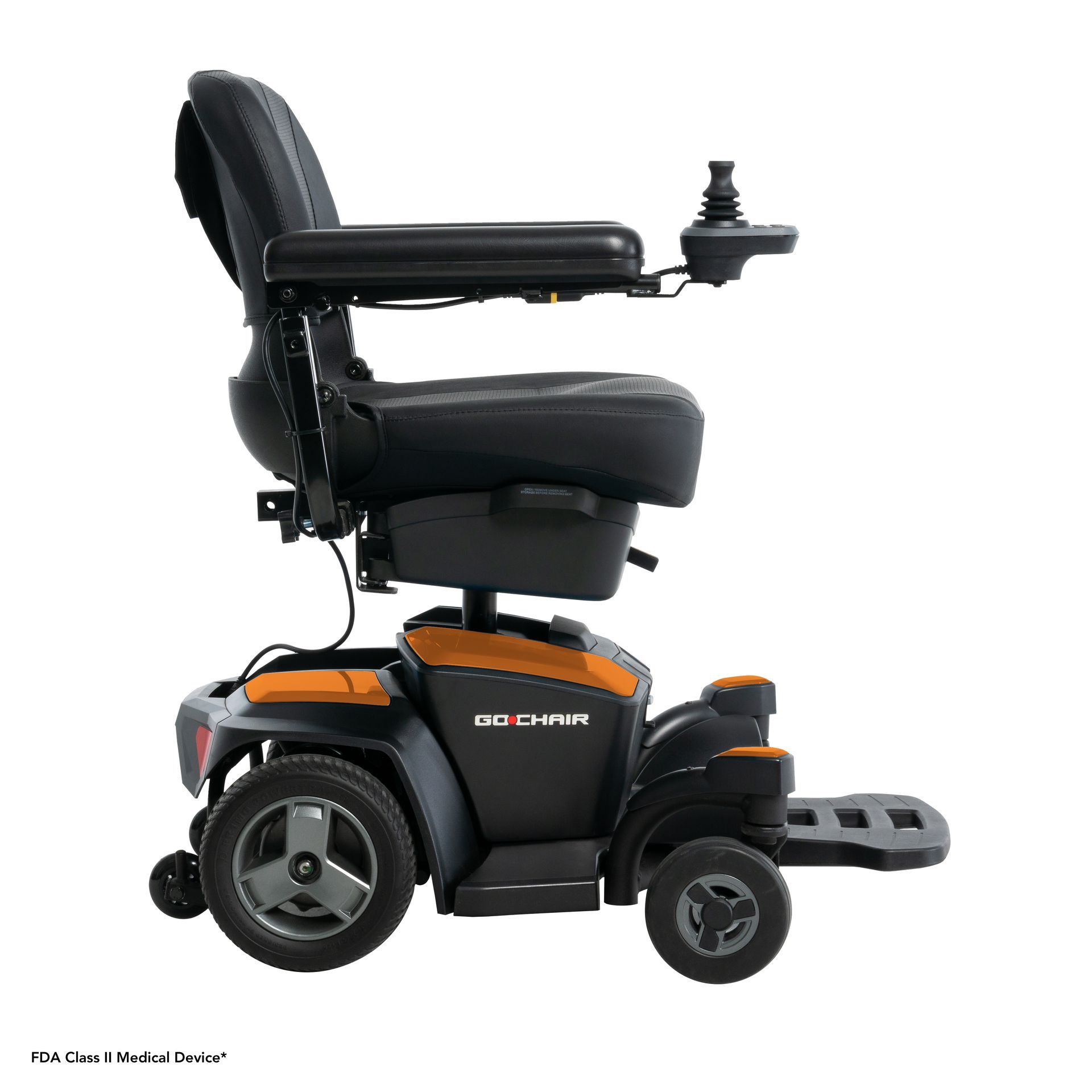 An orange and black Pride Jazzy power wheelchair with a black cushioned seat and joystick controller.