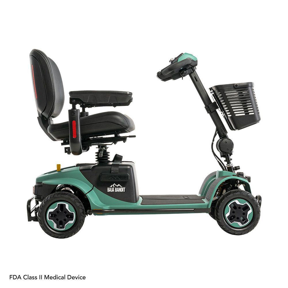 A teal, four-wheeled mobility scooter with a black padded seat, front basket, and steering tiller.