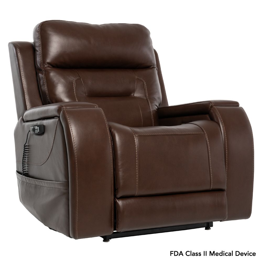 Brown leather power lift chair with control panel on the side.