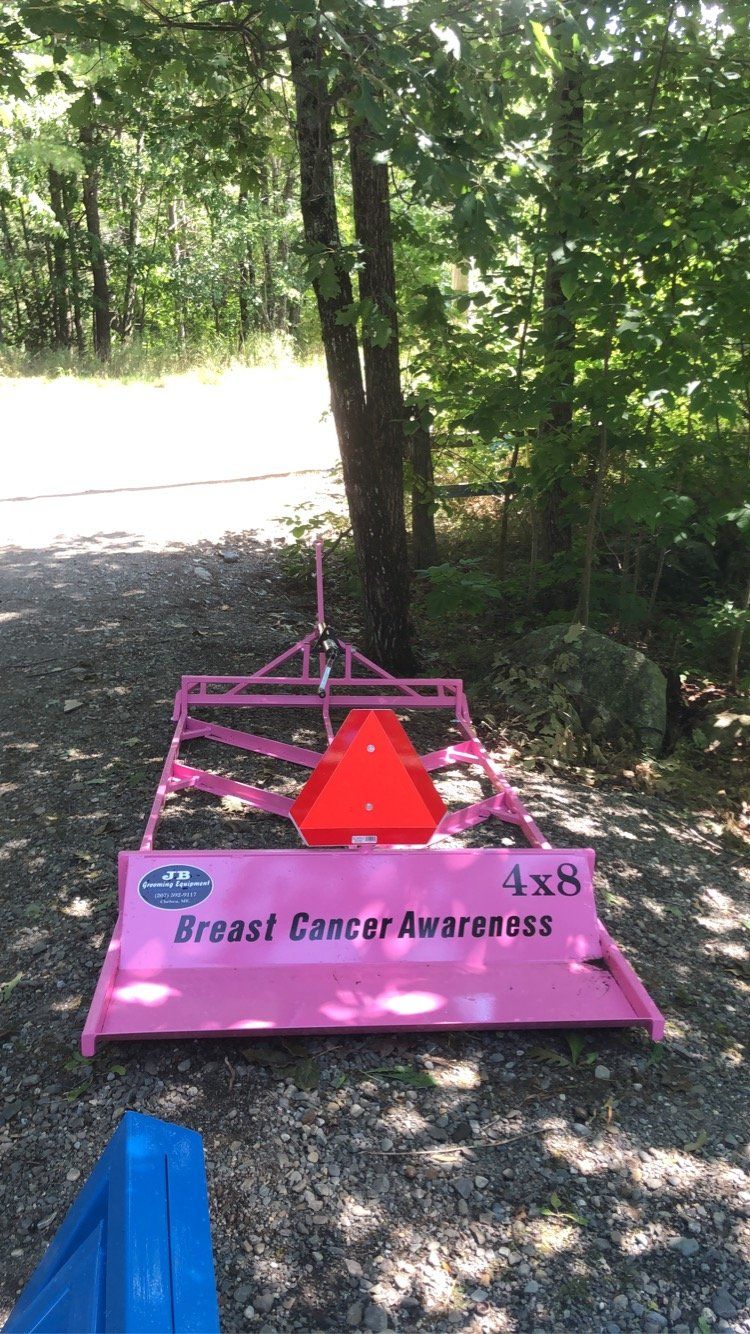 A pink trailer is parked on the side of a dirt road.