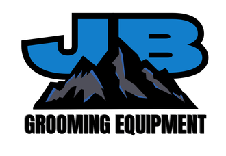 A logo for jb grooming equipment with a mountain in the background.