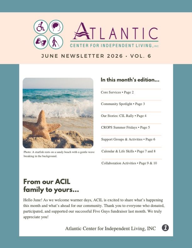 Atlantic newsletter cover with beach photo, June 2026 issue, and contents list for family services.