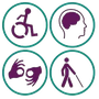 Four purple accessibility icons in teal circles: wheelchair user, head profile, sign language hands, and cane user.