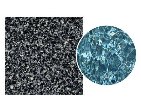 A close up of Plungies Eco finish pool interior swatch with a picture of the actual water colour.