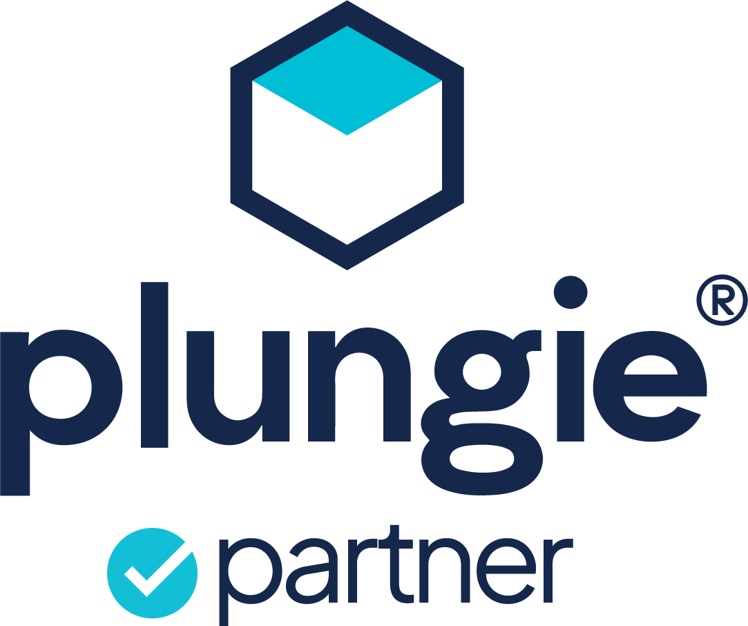 A blue logo for plungie partner with a blue check mark.