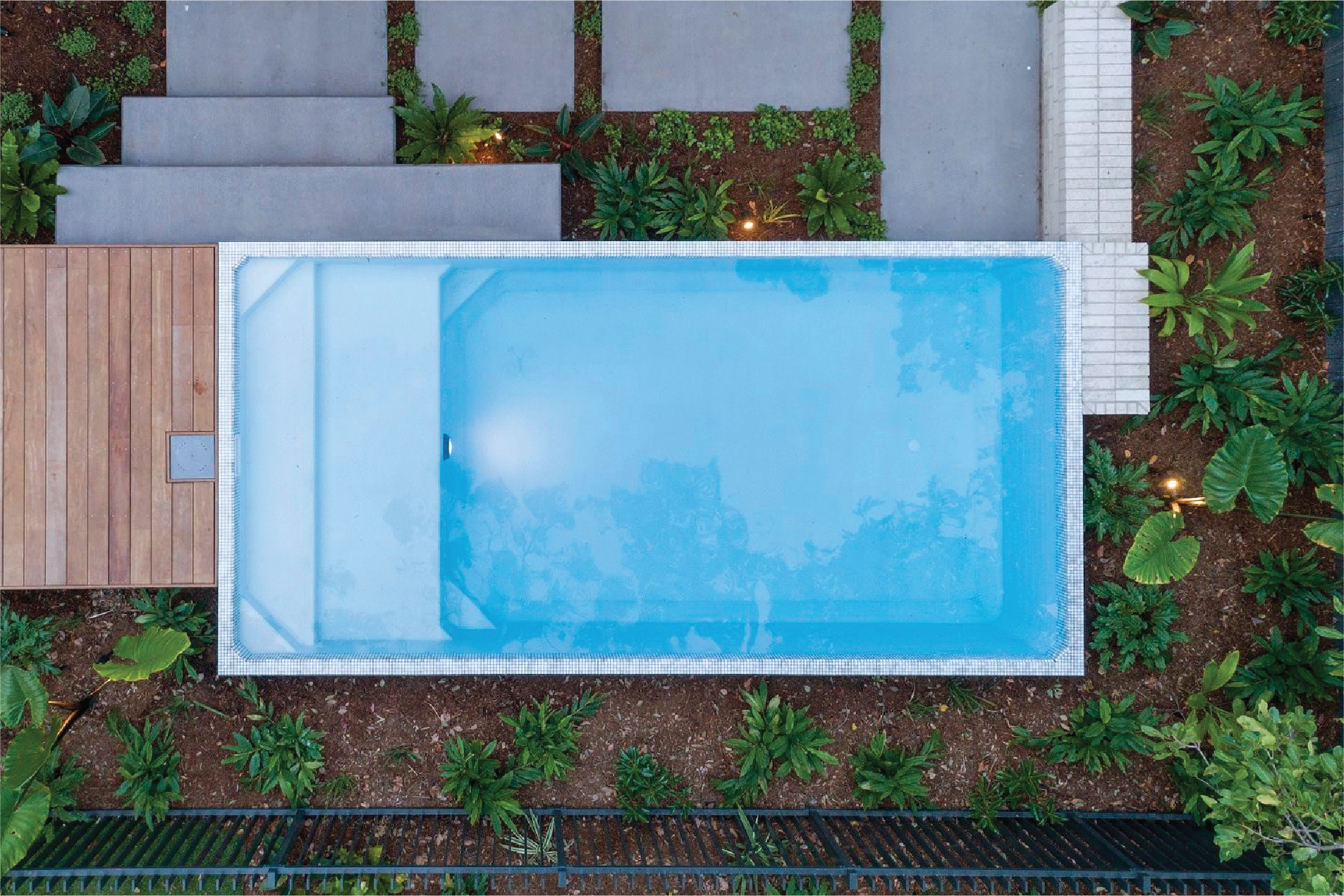 An aerial view of a Plungie Max swimming pool surrounded by plants.