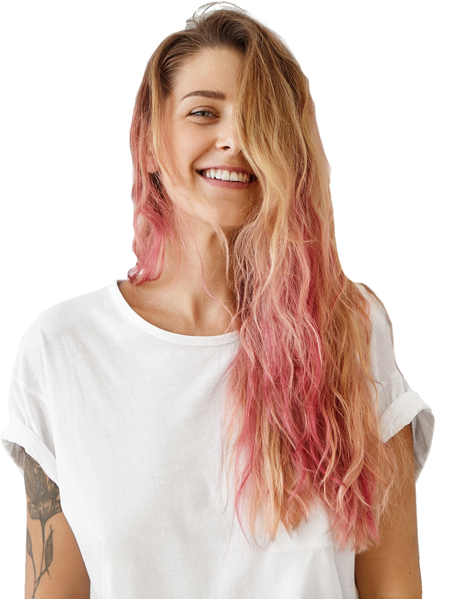 Woman with pink hair color.
