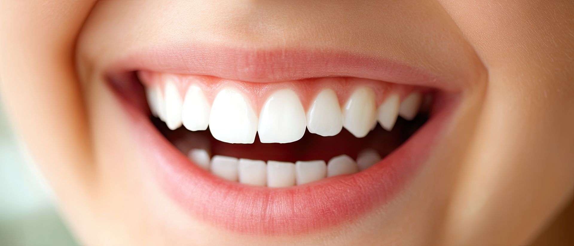 Close-up of a bright smile showing clean white teeth.