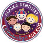Alaska Dentistry logo: smiling cartoon kids, purple and red circle, 
