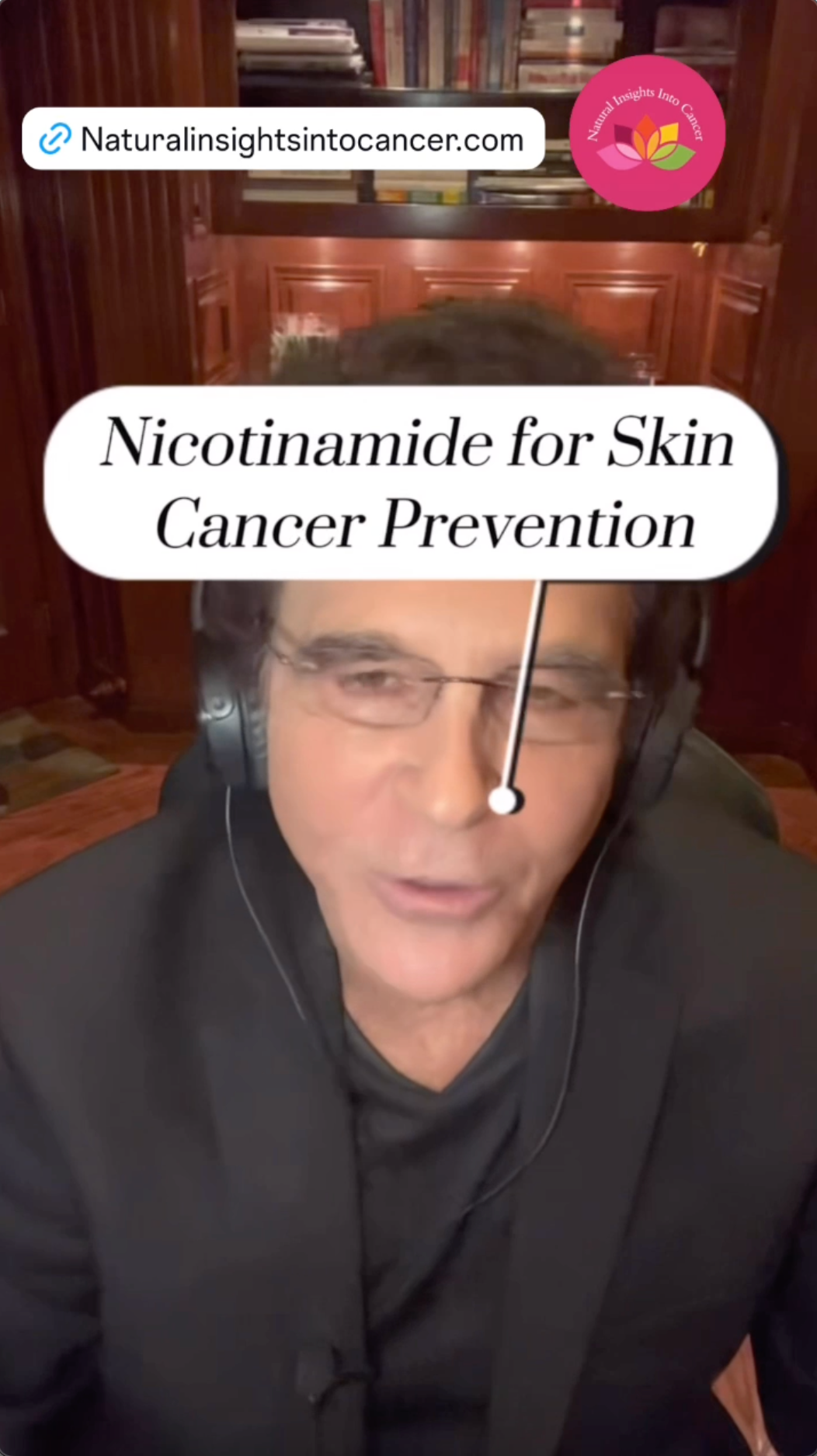 A man wearing headphones is talking about nicotinamide for skin cancer prevention.