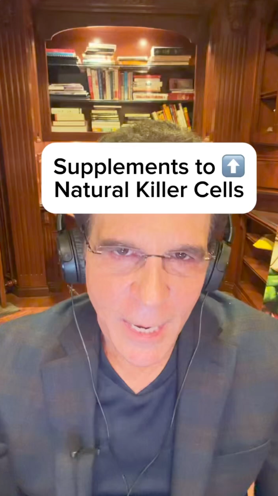 Man in glasses speaking in a wood-paneled room with shelves of books and a caption: “Supplements to Natural Killer Cells”