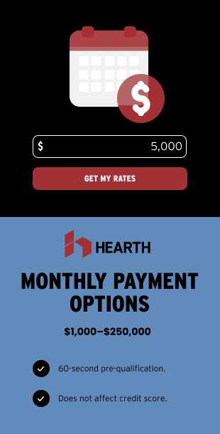 An advertisement for hearth monthly payment options
