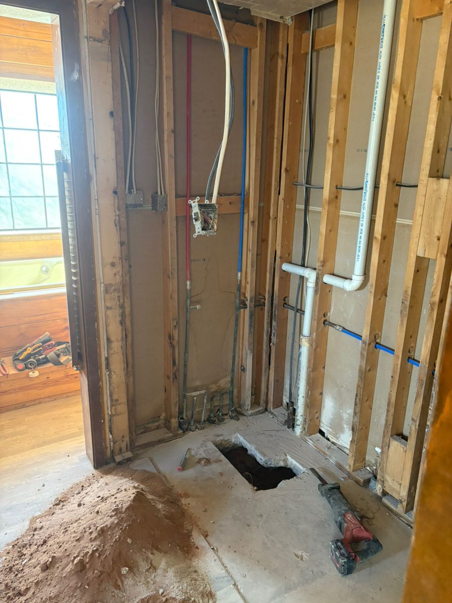 Bathroom renovation: exposed framing, plumbing, and electrical.  Floor partially removed.  Wood shavings and debris on floor.