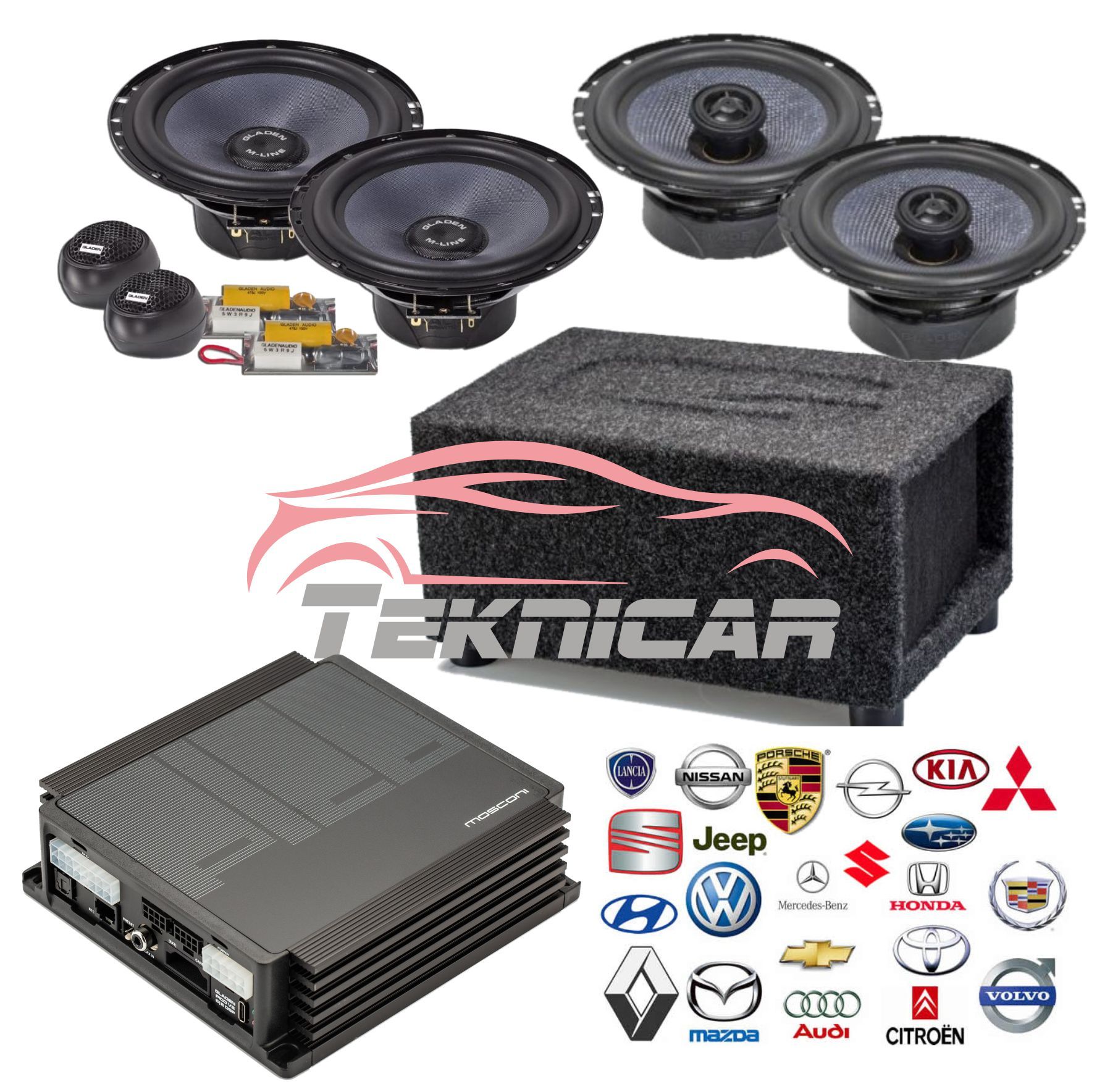 Equipo sonido coche DSP Gladen - Mosconi con cajon subwoofer