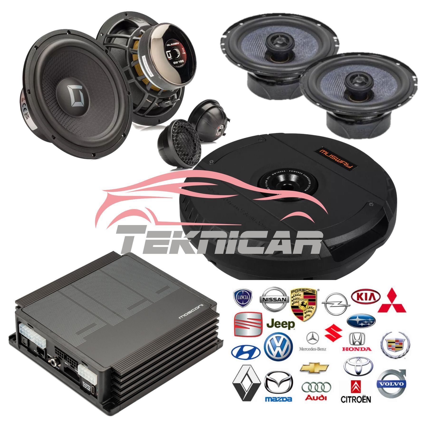 Equipo sonido coche DSP Gladen - Mosconi con subwoofer rueda