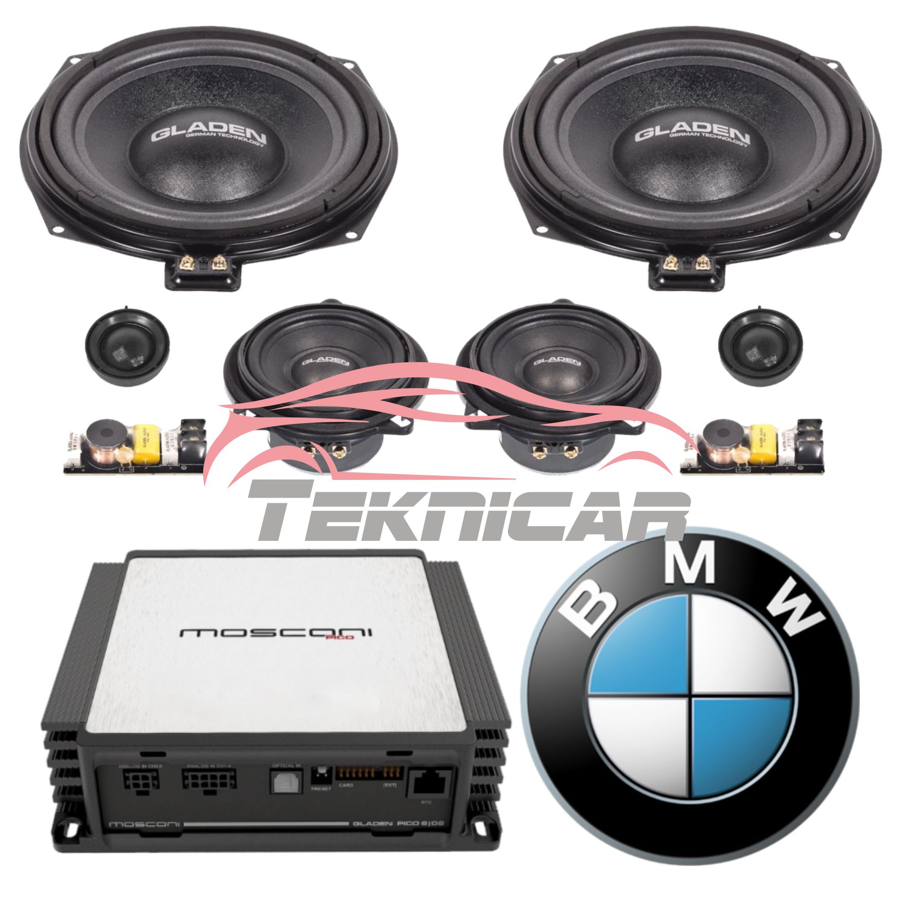 Conjunto sonido BMW Gladen - Mosconi Pico 6/8DSP front