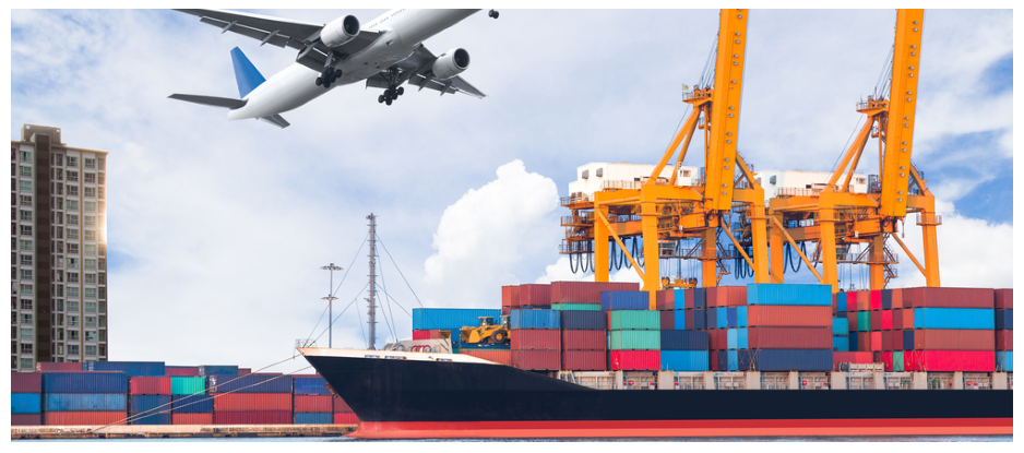 A plane is flying over a container ship in a harbor.