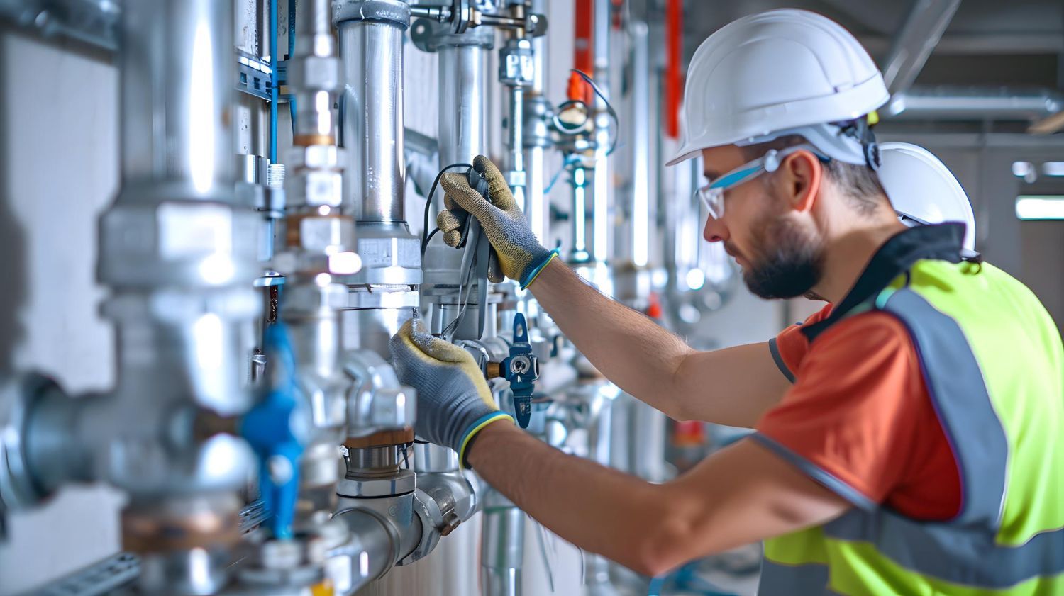 A man is working on a pipe in a factory.