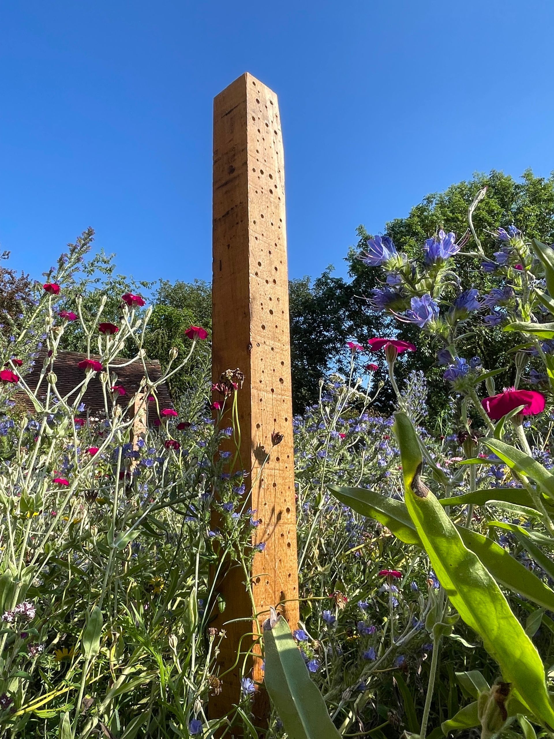 A wooden obelisk is sitting in the middle of a field of flowers.