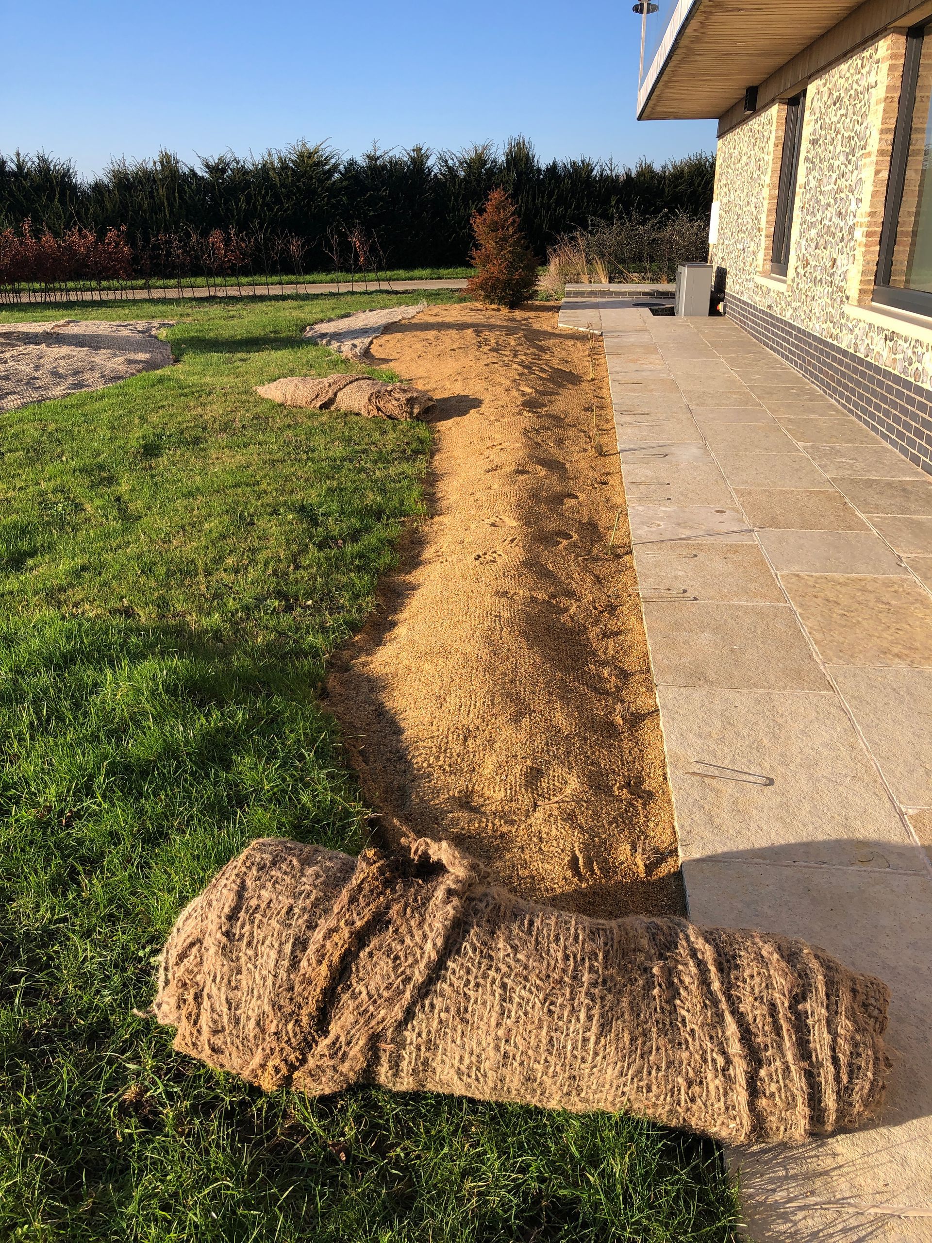 A roll of turf is sitting on the sidewalk in front of a house.