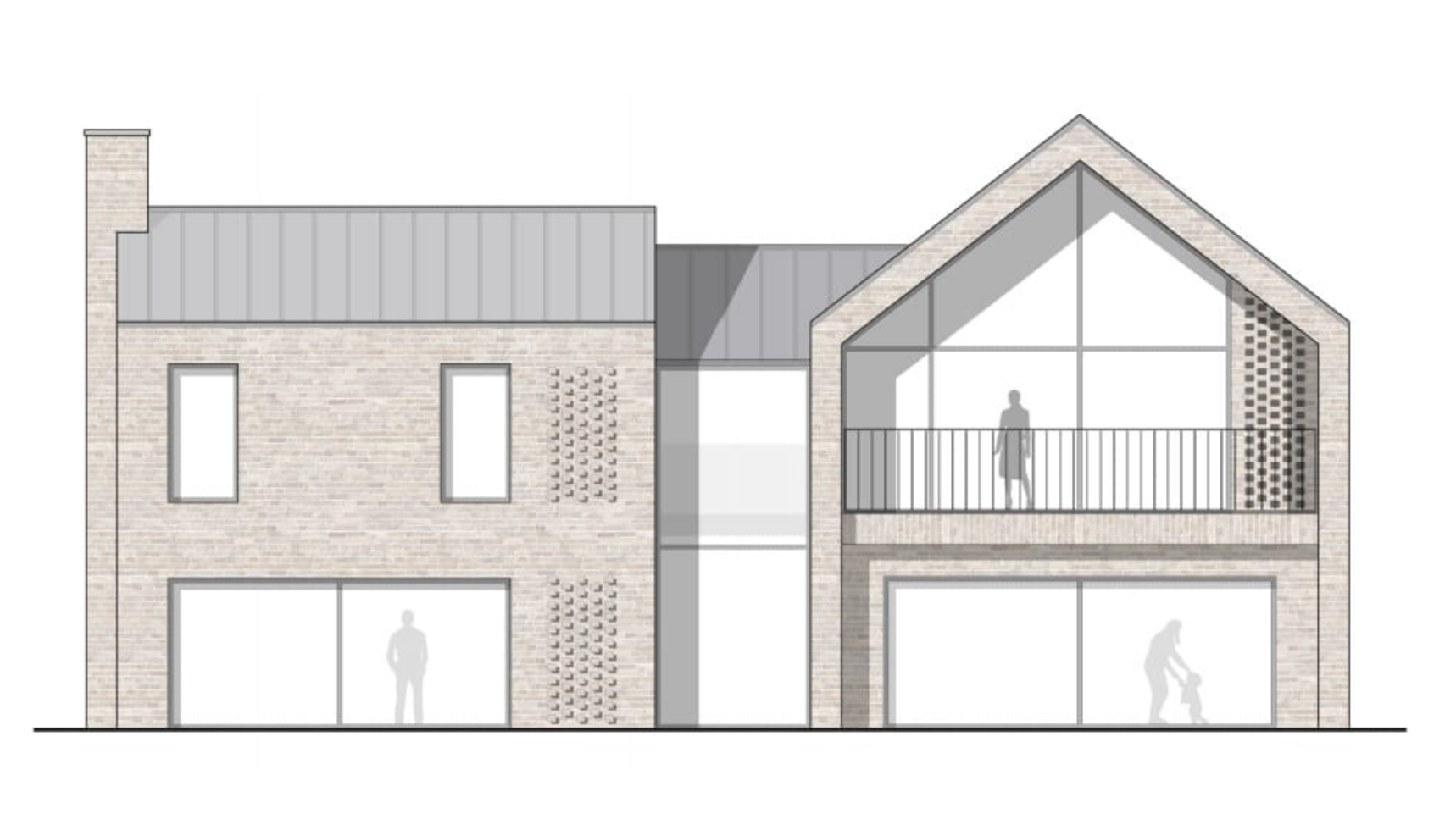 An architectural drawing of a house with a balcony