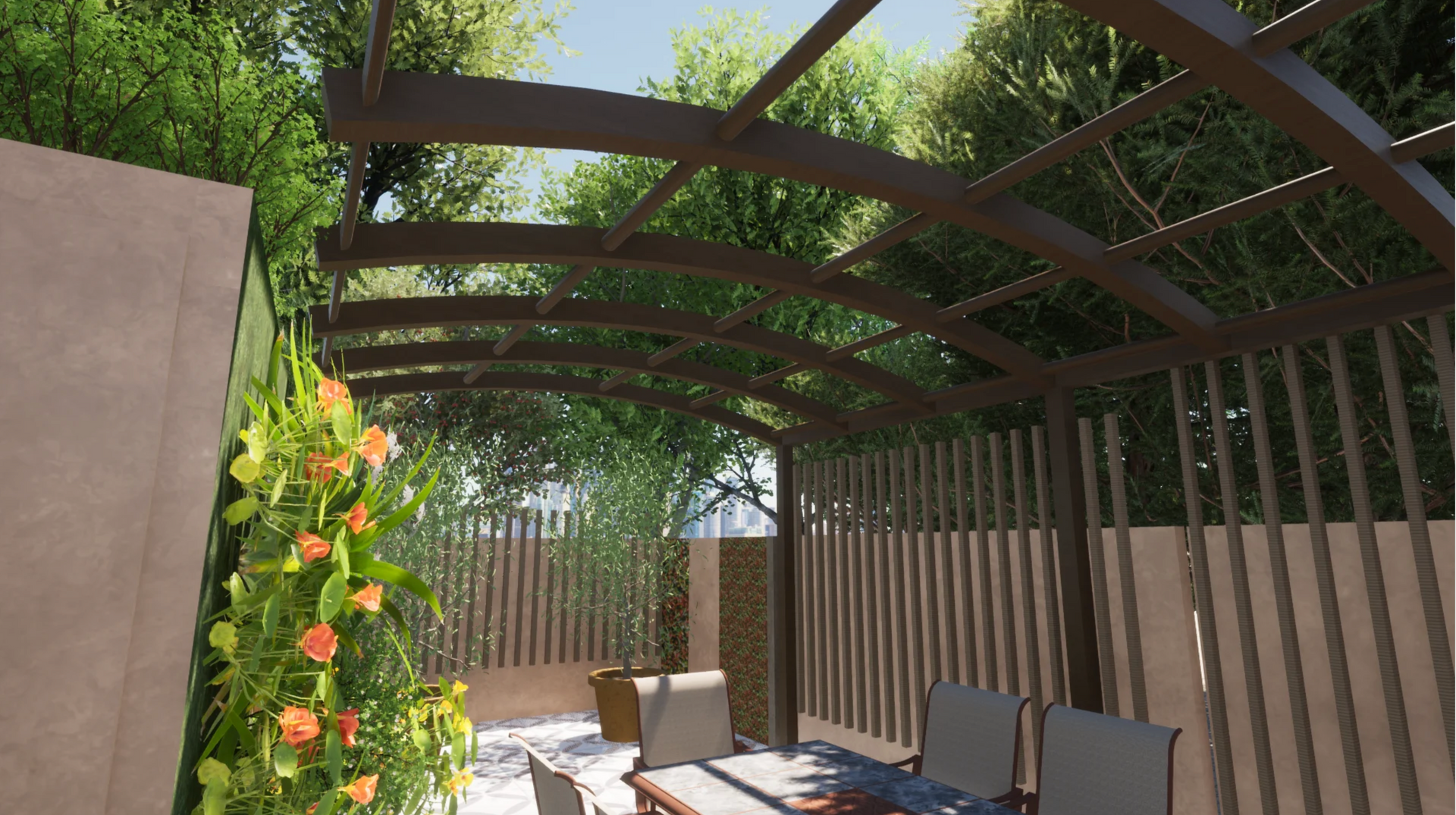 A patio with a table and chairs under a pergola.