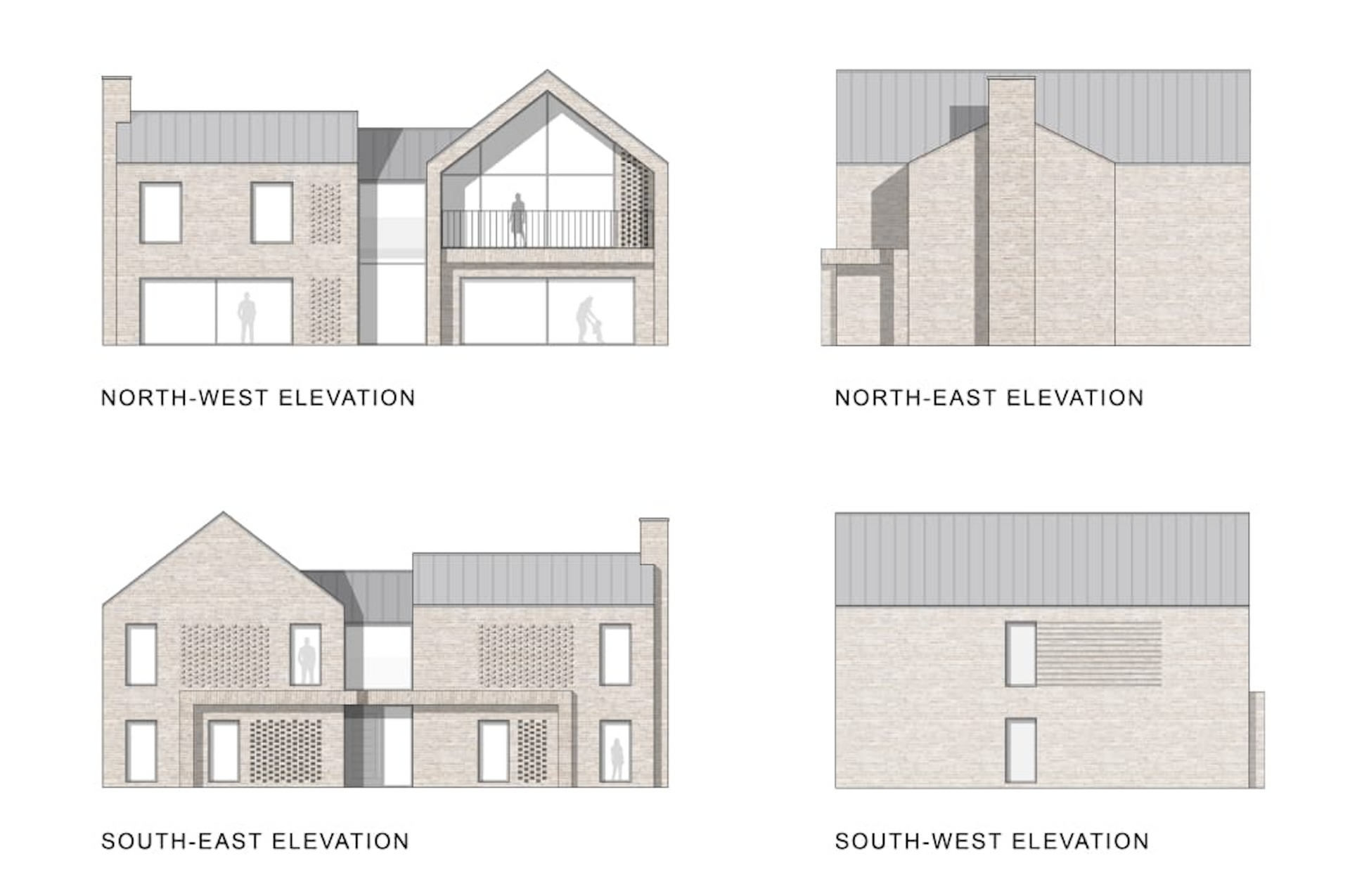 A set of four elevations of a house on a white background.