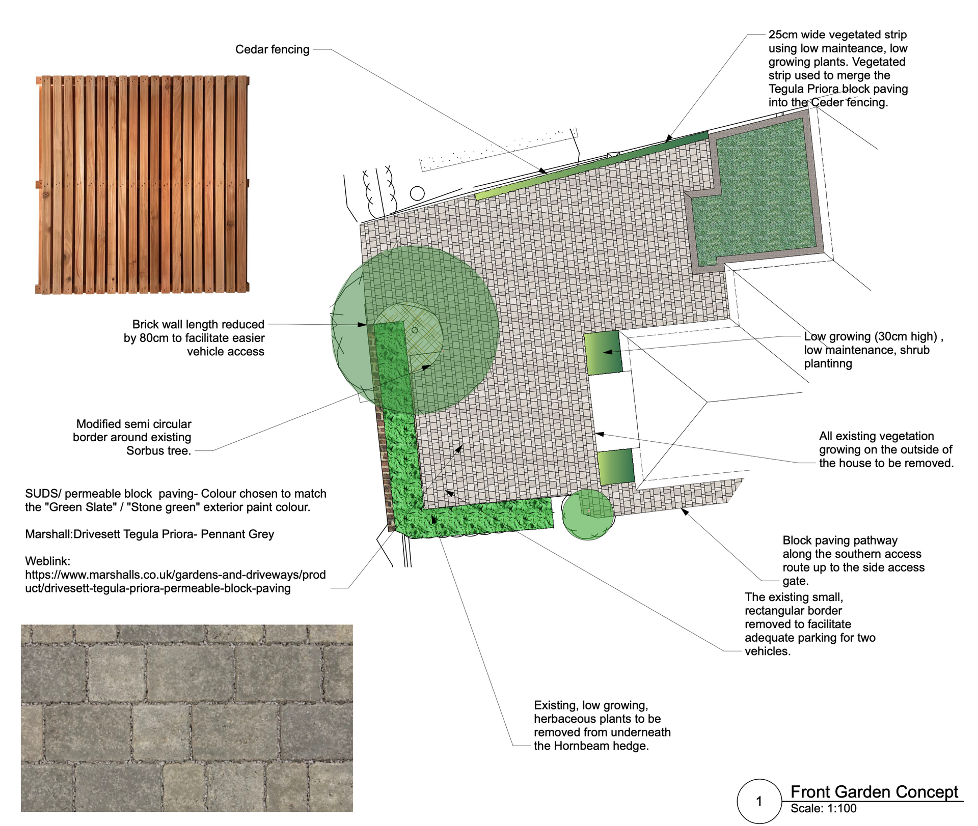 A drawing of a garden with a wooden fence