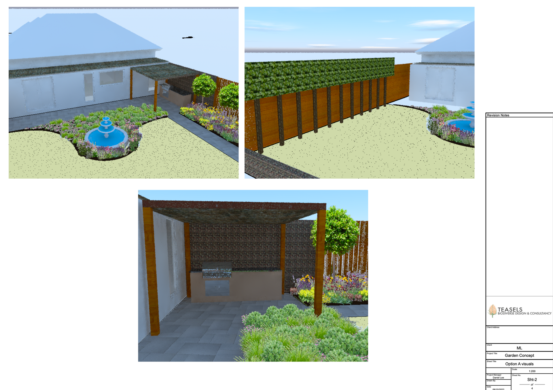 A drawing of a house with a fountain and a fence