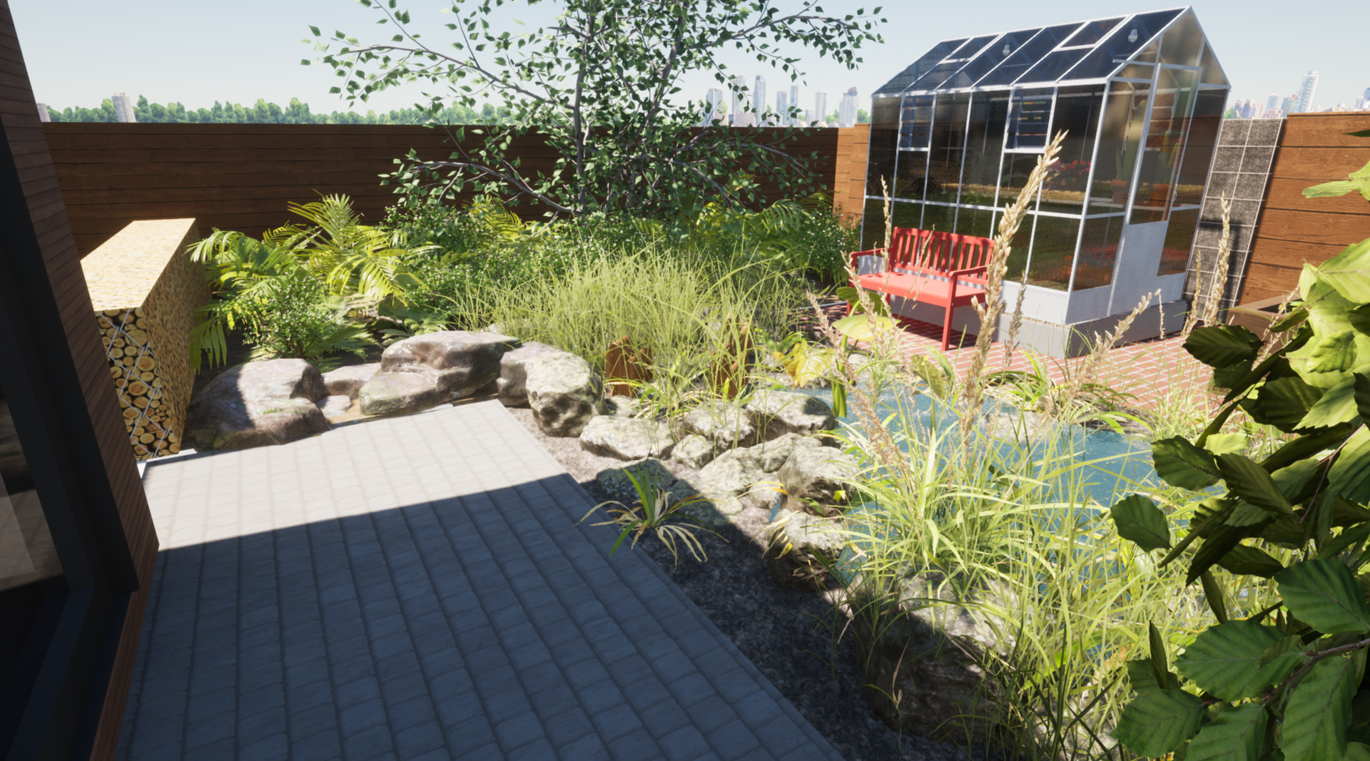 A 3d rendering of a garden with a greenhouse in the background.