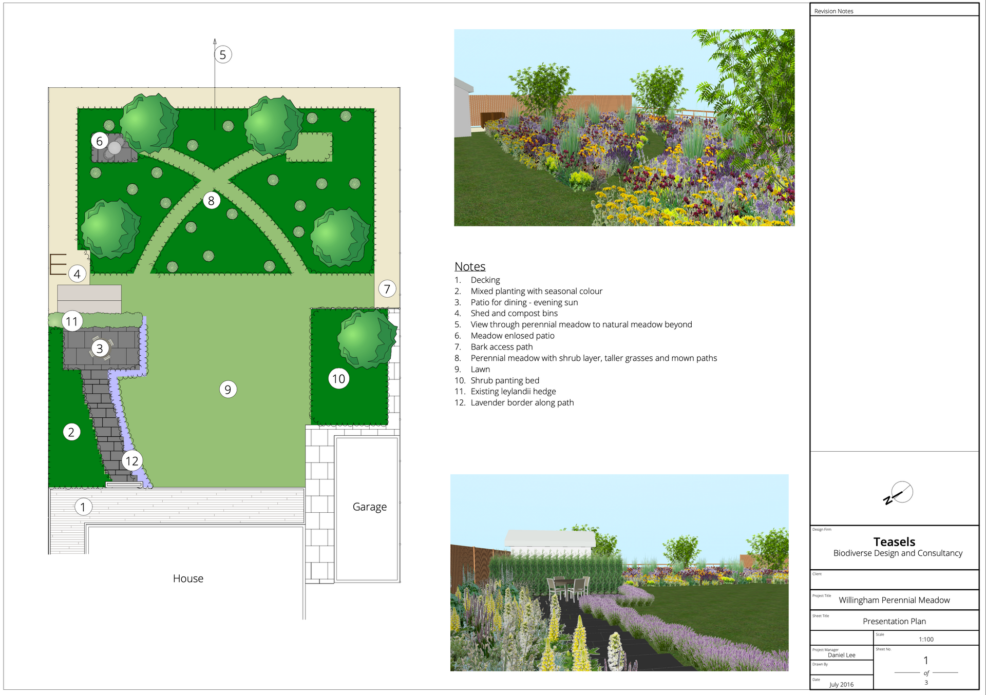 A drawing of a garden with trees and flowers