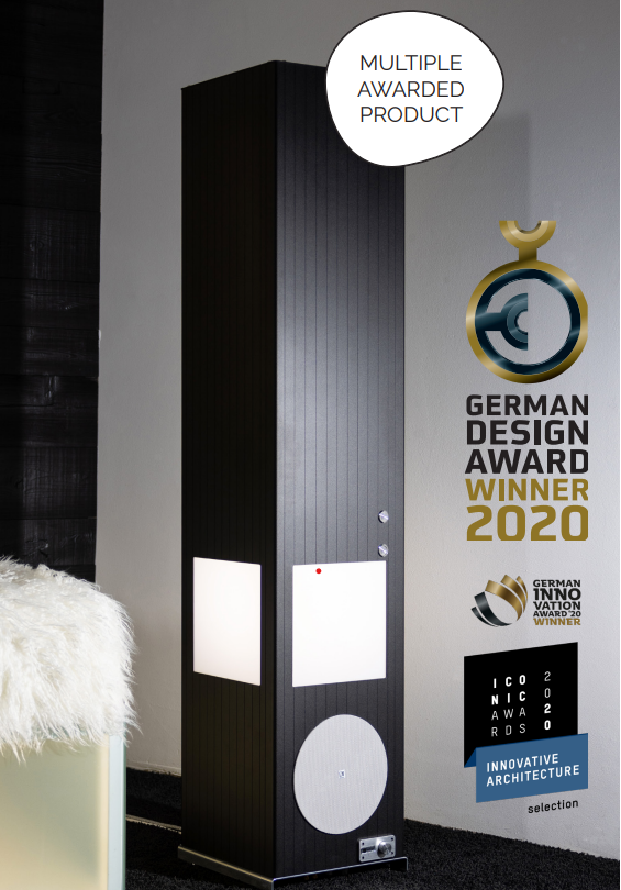 free standing ir heater that is a german design award winner is displayed on a wall from redwell