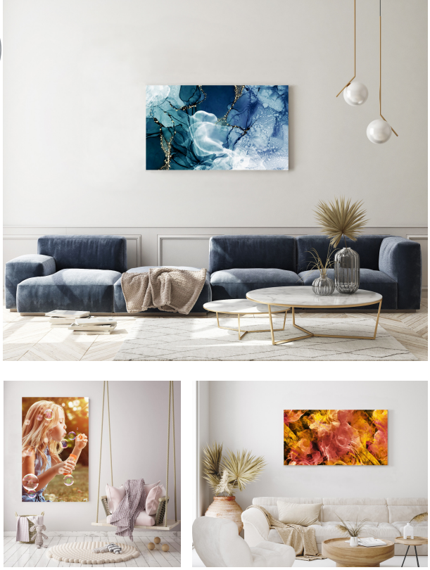 a living room with a selection of Glass picture IR heating