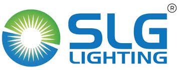 Logo of "SLG LIGHTING": blue letters, circle with green and blue rays. Registered trademark symbol.