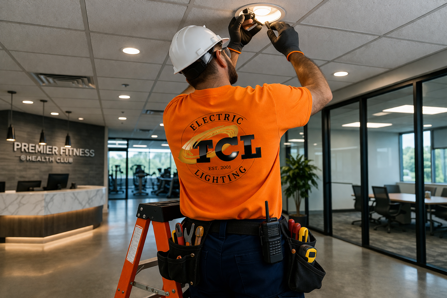 Electrician testing a circuit breaker panel with a multimeter, wearing a hard hat and gloves.
