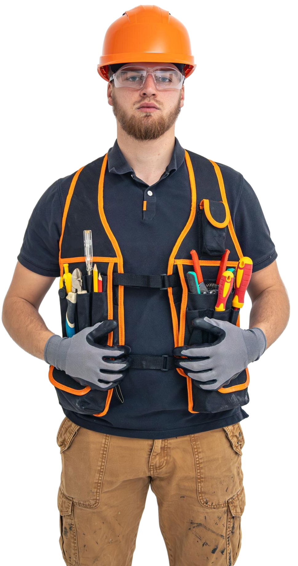 Construction worker in orange hard hat, safety glasses, tool vest, gloves, holding the vest.