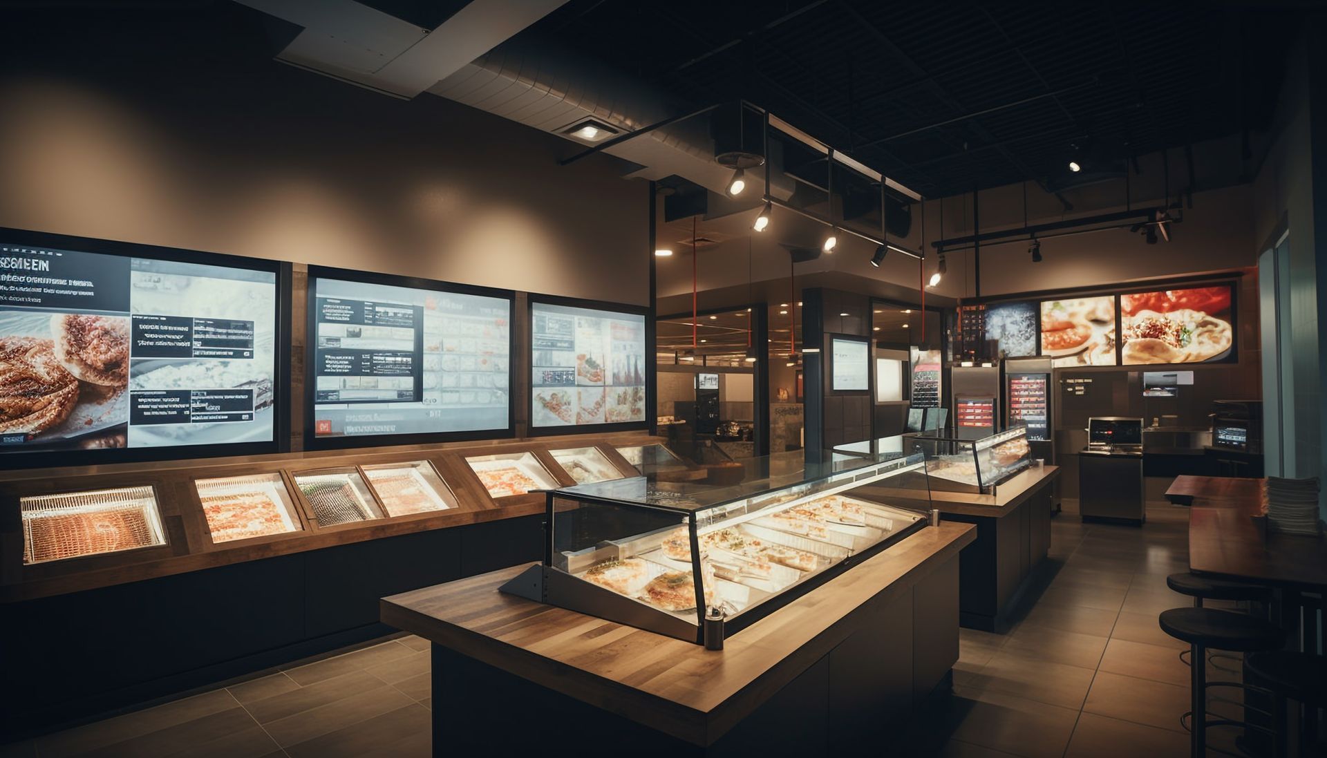 Interior of a bakery with display cases, menu boards, and seating; warm lighting.