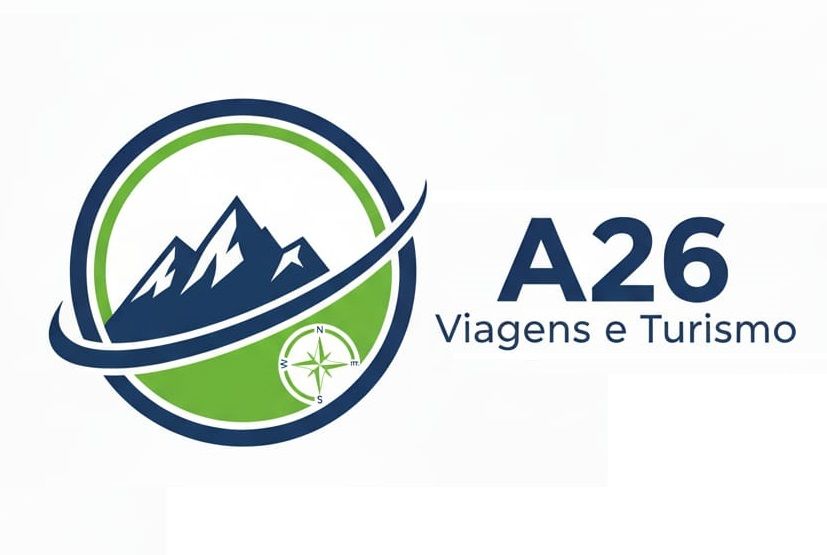 Logotipo da A26 Viagens e Turismo, apresentando montanhas, bússola e linha curva dentro de um círculo verde e azul.