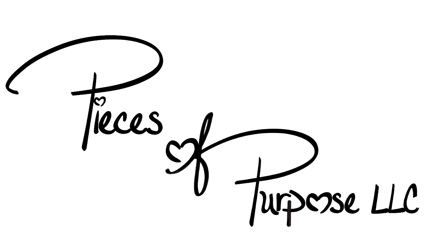 Stylized black handwritten logo reading “Pieces of Purpose LLC” on a white background