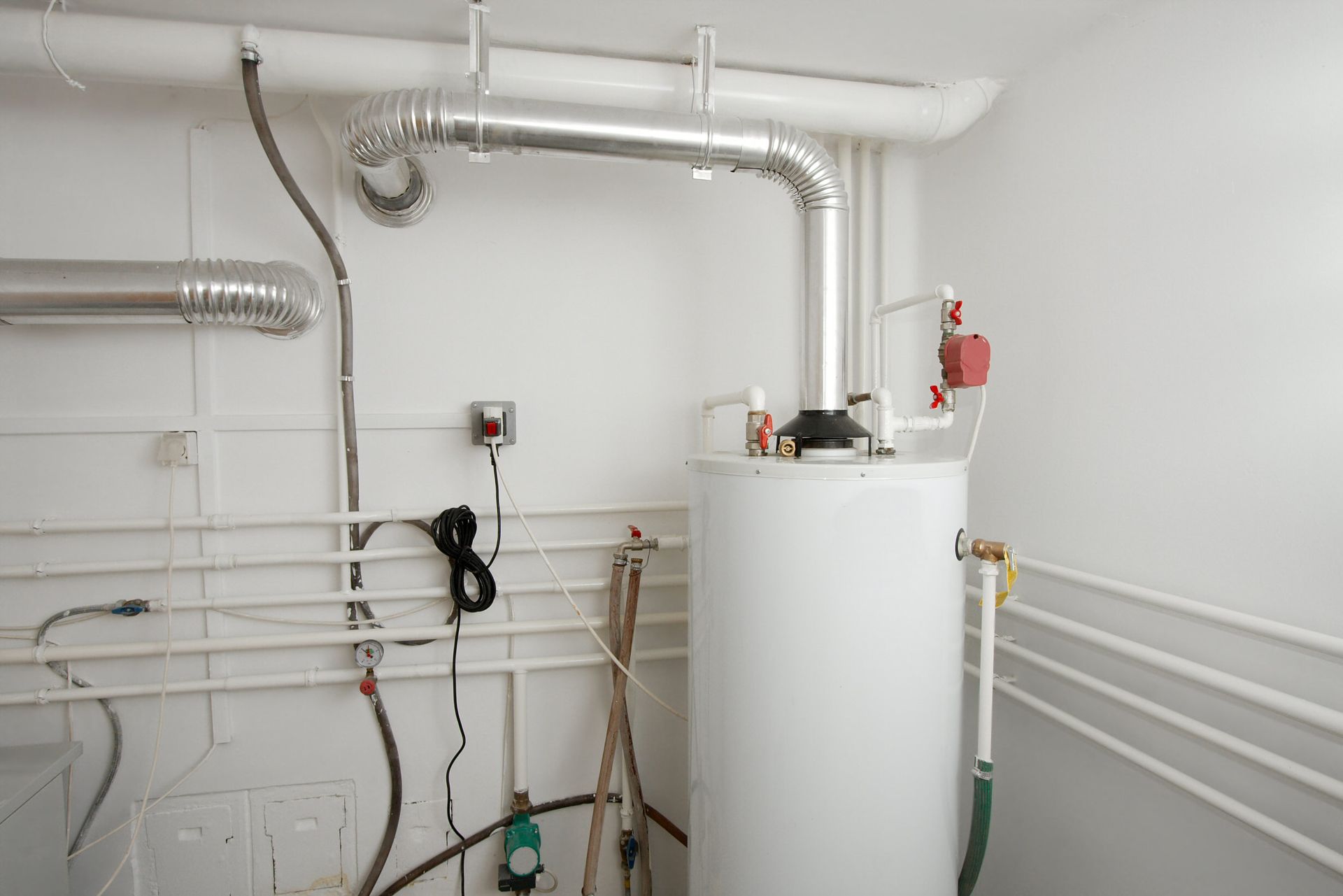 A white water heater surrounded by pipes in a room, showcasing Dream Land Plumbing services in Port 