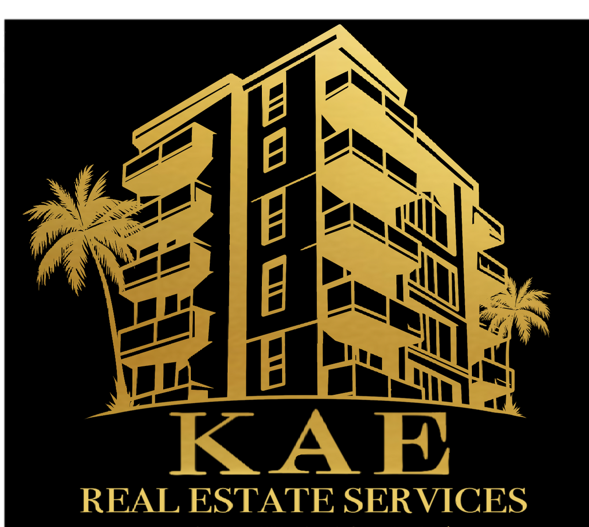 Gold building logo with palm trees;