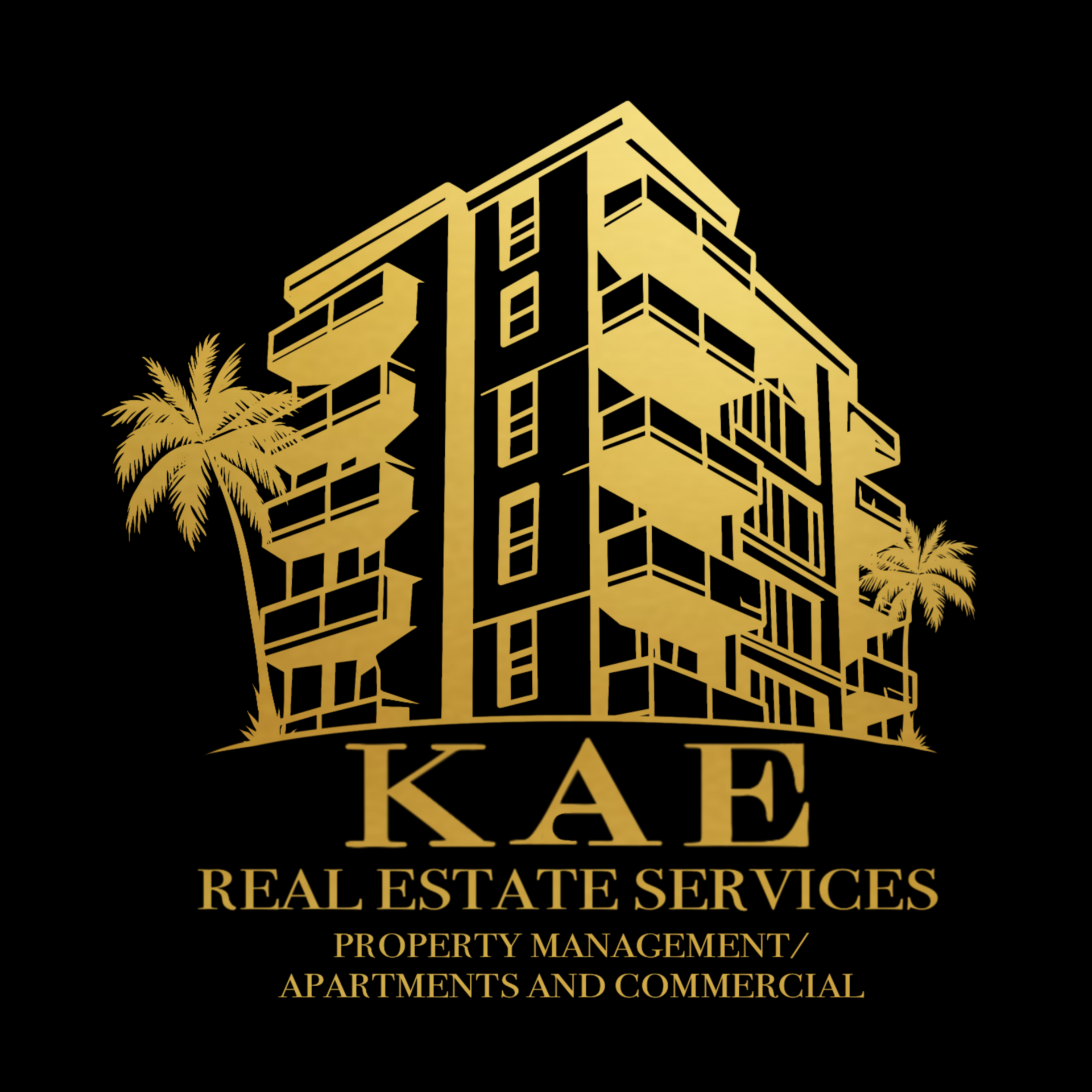 Gold building logo with palm trees; 