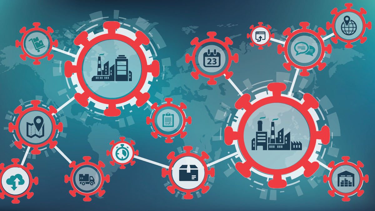 Tangled web of disrupted supply chains due to Covid-19, with red arrows and masked figure.