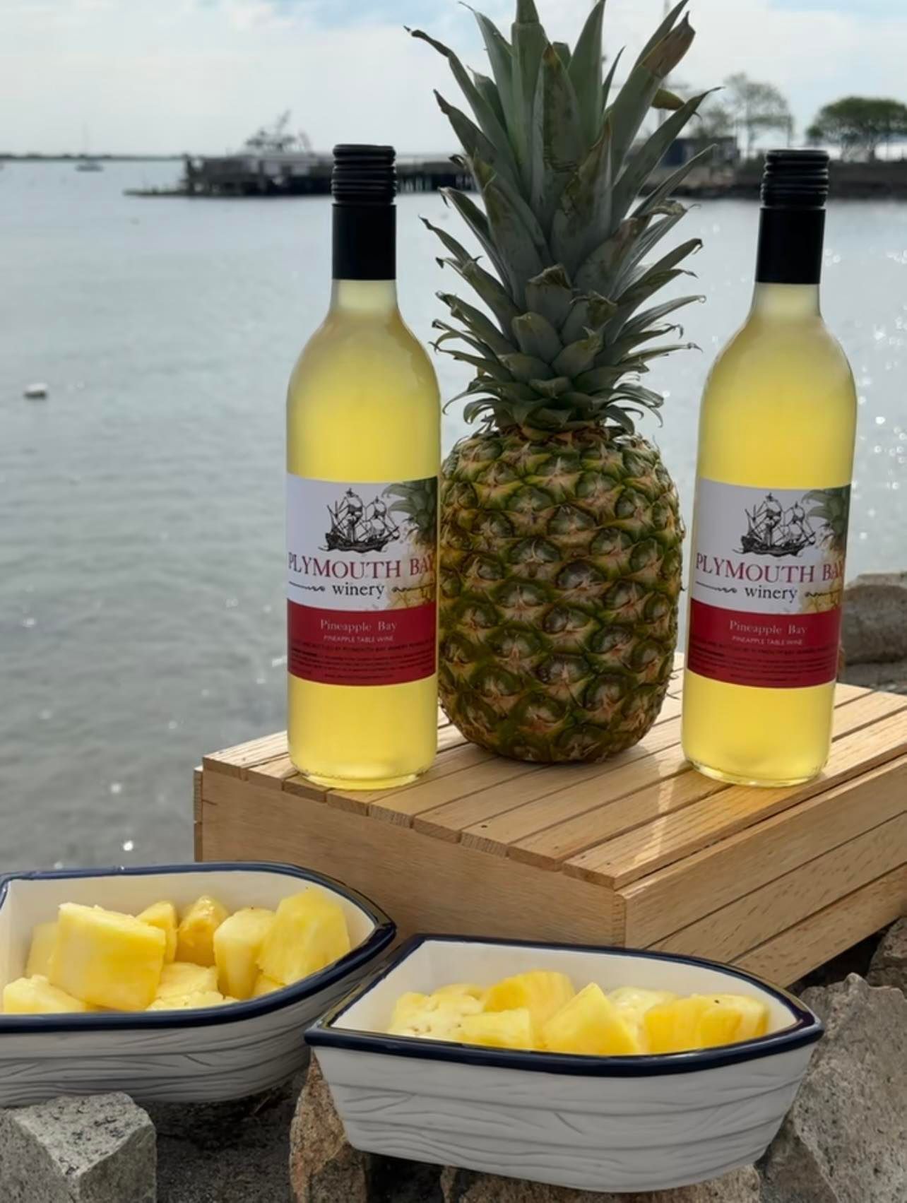 Two wine bottles and pineapple with sliced pineapple in boat-shaped bowls, near water.