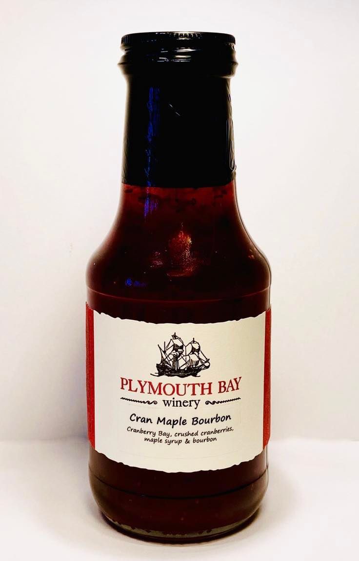 Plymouth Bay Waff sauce bottle, white label, dark red liquid, black cap.