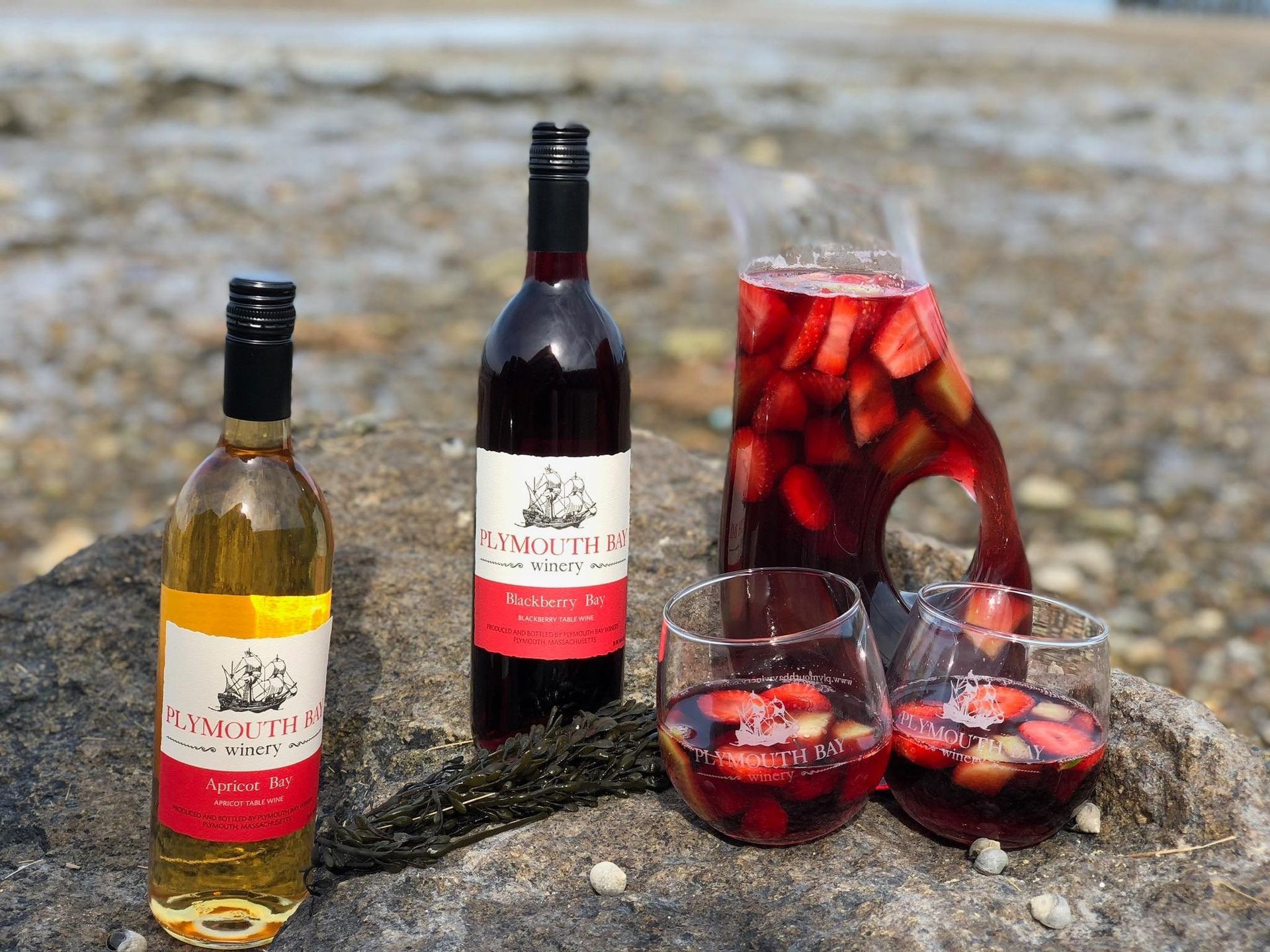 Bottles of red and white wine, sangria pitcher, and glasses with fruit on a rock near the ocean.