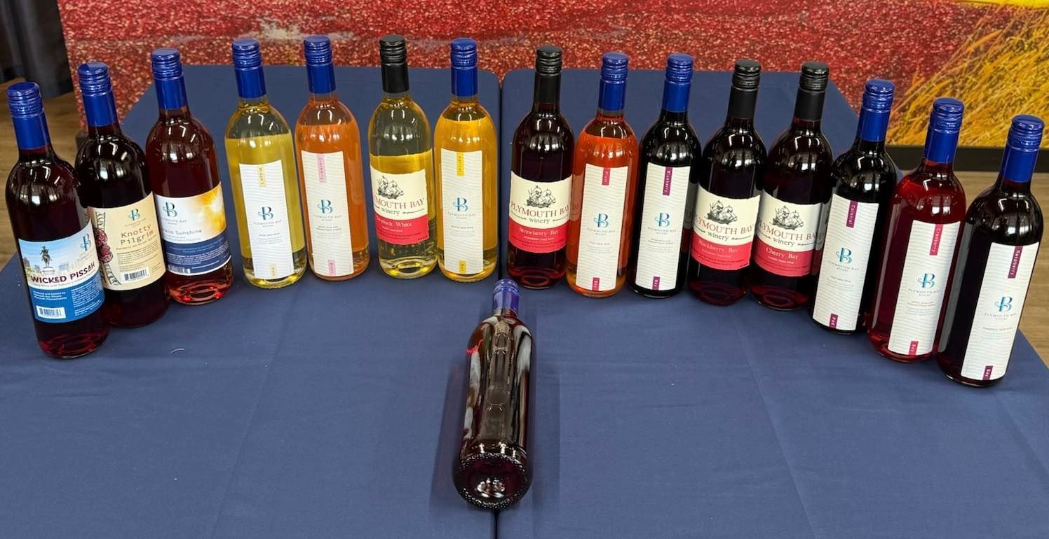 A collection of wine bottles on a blue surface; various colors are displayed, arranged in an arc.