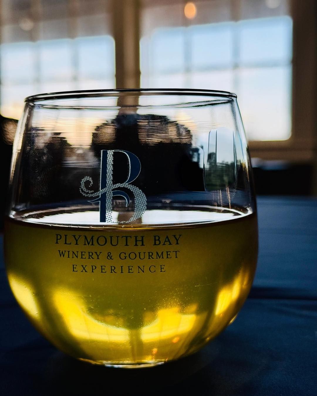 Wine glass with Plymouth Bay Winery logo, filled with golden liquid. Blurred background.