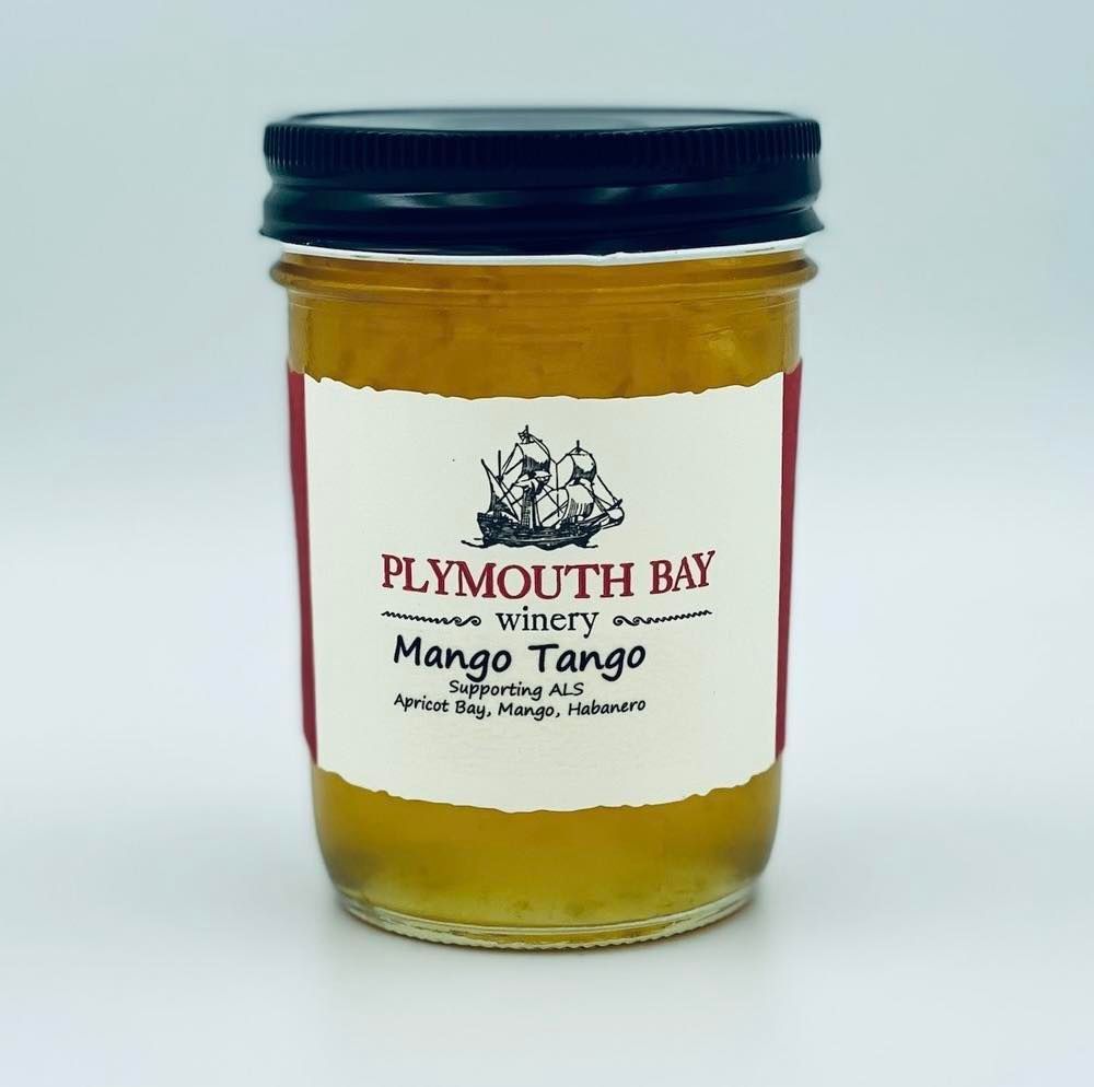 Jar of Plymouth Bay Winery Mango Tango sauce with black lid and white label.